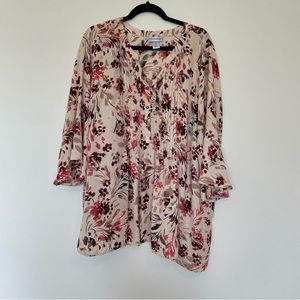 Catherines Plus Size Pink with Maroon Flowers Statement Sleeve Blouse Shirt Sz2X